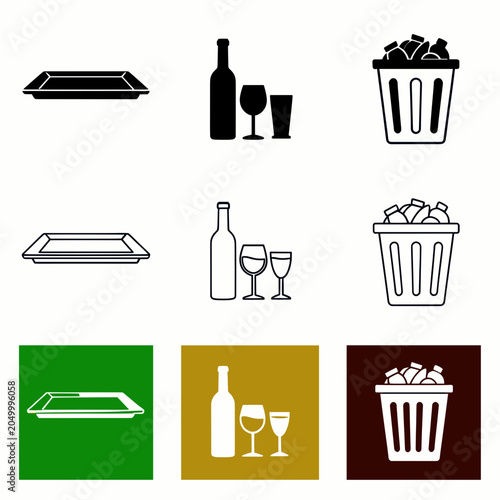 Restaurant Tray Bottle Glass and Trash Bin Icons Set