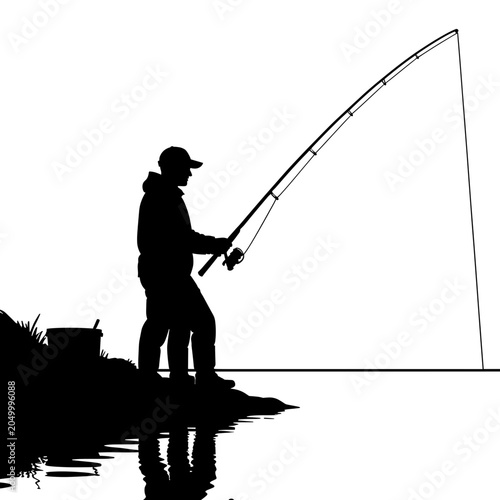 Silhouette of Fisherman Casting Rod at Lakeside during Golden Hour