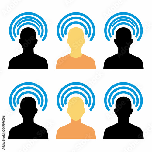 Six Stylized Human Silhouettes with Blue Signal Waves Above Heads