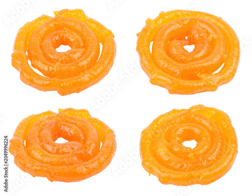 Four Orange Jalebis on Transparent Background with Detailed Spiral Texture