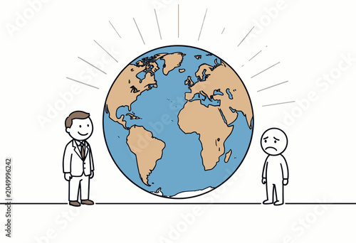 Two Businessmen Standing on Either Side of a Globe with Contrasting Expressions