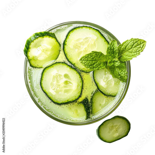 Overhead View of a Refreshing Cucumber and Mint Cocktail with Transparent Background