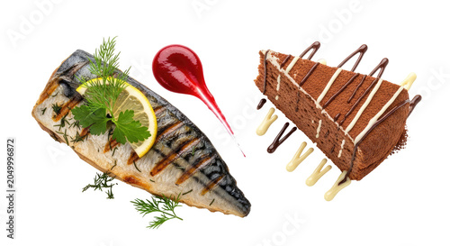 Grilled Fish with Lemon Slice and Herb Accompanied by Chocolate Cake Slice with Transparent Background