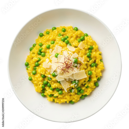Yellow Risotto Dish with Green Peas and Cheese Garnishing on a White Plate and Transparent Background