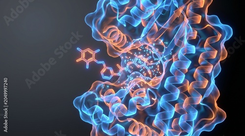 3D rendering of a protein molecule interacting with a small molecule ligand, illustrating molecular biology and drug discovery.