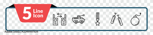 Photos outline army and war icons set - two way radio, amphibian, dinamite, bomb