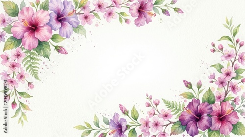 Watercolor floral border with pink and purple hibiscus and cherry blossoms on white background for greeting cards and invitations
