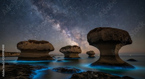 A stunning coastal night scene showing several large, flat-topped mushroom rocks in the calm sea