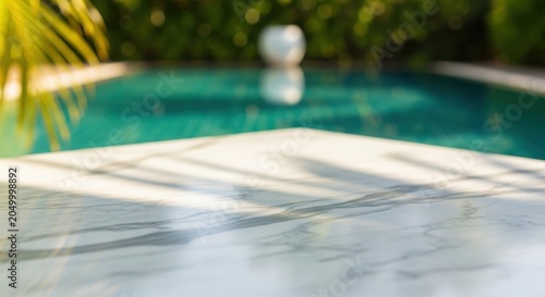 Luxury poolside patio tabletop with marble surface and blurred tropical background