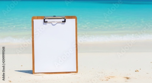 Blank clipboard on sandy beach with ocean background