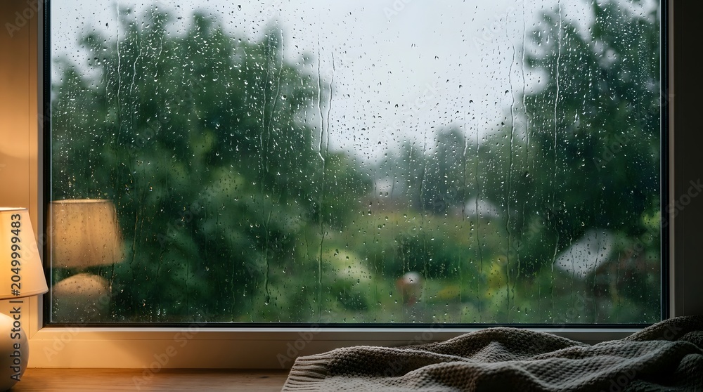 Fototapeta premium Raindrops on windowpane a scenic indoor view with blurred foliage