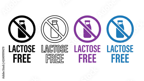 Lactose Free Certification Badge Icon Set Collection with Milk Bottle Symbol – Silhouette, Outline, Purple and Blue Food Labels Isolated on White Background