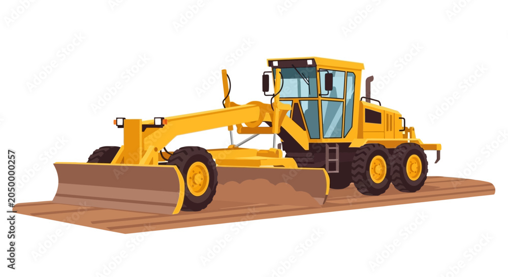 Obraz premium Yellow Motor Grader Illustration for Road Construction and Infrastructure Development - Heavy Machinery Vector Icon