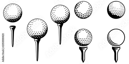 Golf ball and tee icon collection in black silhouette style featuring textured and smooth golf balls isolated on light background, sports symbol set for golf equipment, recreation and tournament theme