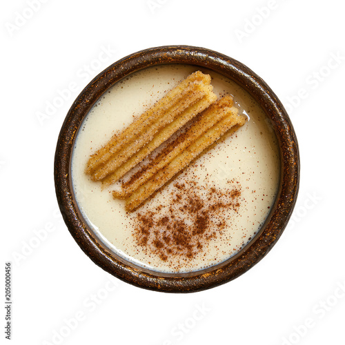 Top View of Churros Dessert with Cinnamon and Sugar in a Ceramic Bowl on Transparent Background