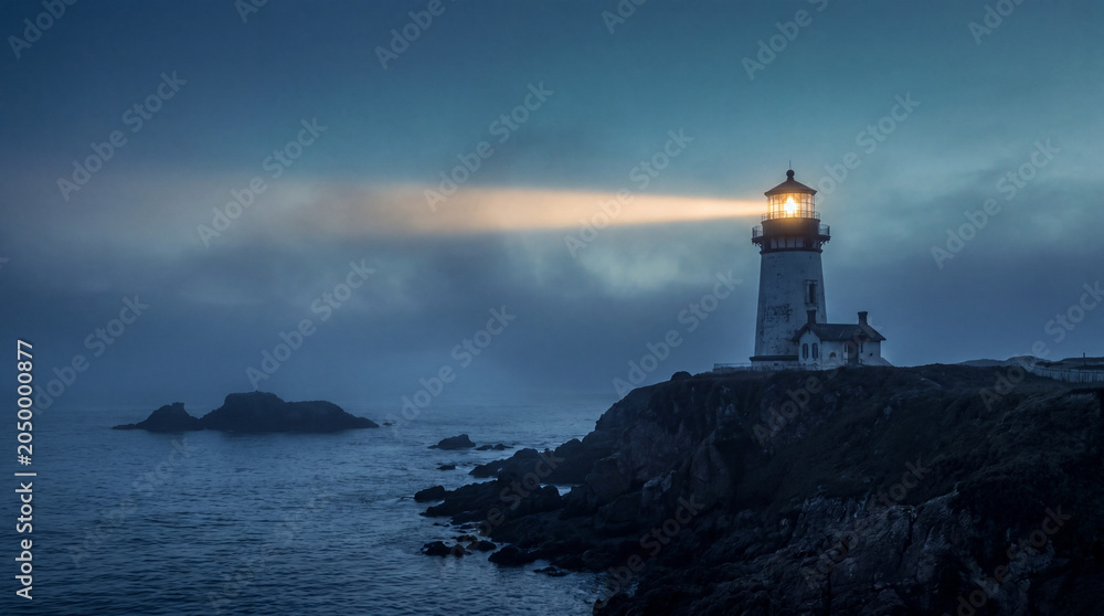 Obraz premium Lighthouse shining a bright beam of light through thick fog over the dark ocean water and rocky coast at night