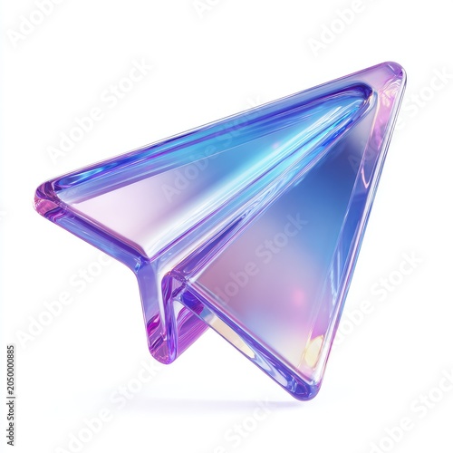 3D Glass Paper Airplane Icon with Iridescent Colors.