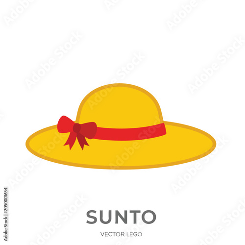 Flat vector illustration of a yellow summer sun hat with red ribbon.
