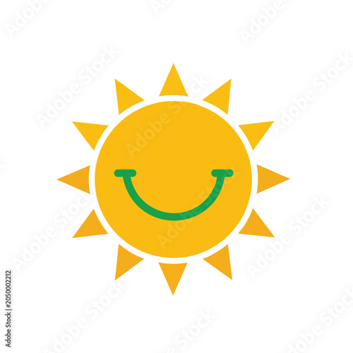 Minimalist vector illustration of a happy yellow sun icon with a green smile.