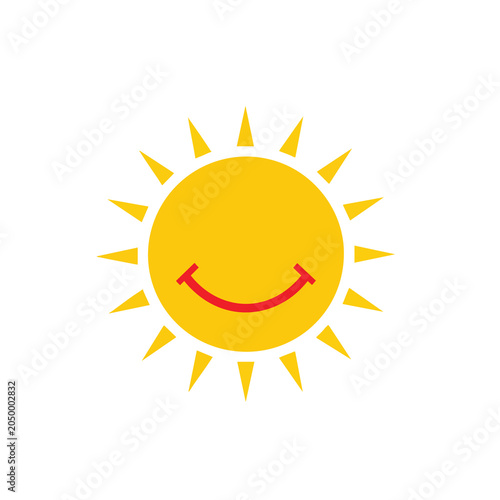 A bright yellow sun icon with a cheerful red smile on white background.