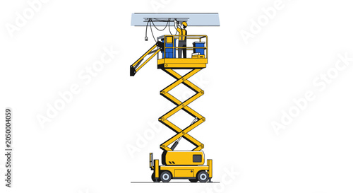 Professional Technician Working on Ceiling Cables using a Yellow Scissor Lift Aerial Work Platform, Flat Vector Illustration