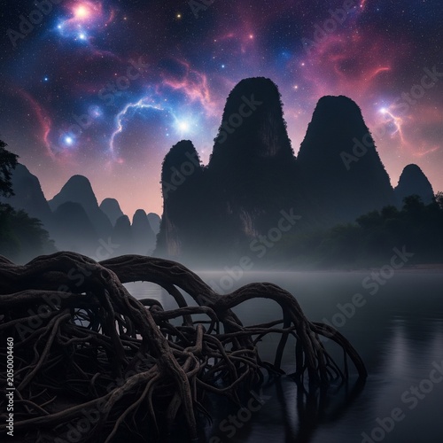Mystical dark limestone mountains silhouettes at night next to a river with massive tree roots in the foreground under a colorful nebula and galaxy sky.