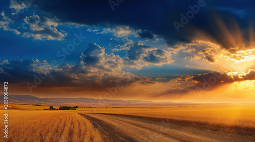 Rural farmland landscape with golden sunbeams breaking through clouds