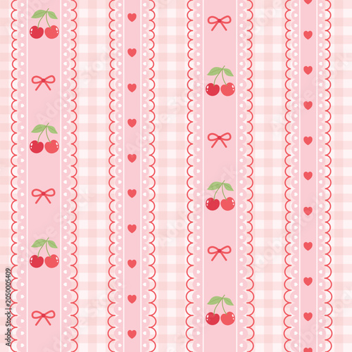 Fotografie bow and cherry seamless pattern, gingham background, preppy flirty lace, red pin