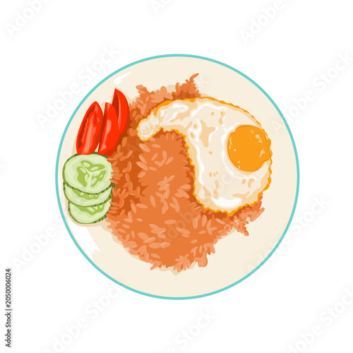 a white plate of delicious fried rice with fried egg and fresh slices of tomato and cucumber vegetable for breakfast, lunch and dinner menu at the restaurant