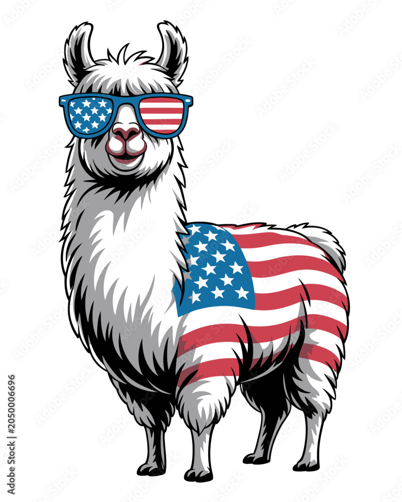 Obraz premium A llama stands wearing sunglasses with the American flag pattern.