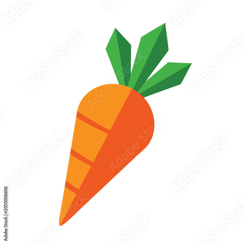 Minimalist flat vector illustration of a fresh orange carrot with green leaves.