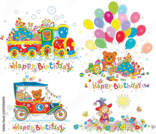 Birthday cards with a teddy bear in a toy train and a funny car, gifts, balloons and a cute little girl among flowers, a set of vector cartoon illustrations isolated on a white background