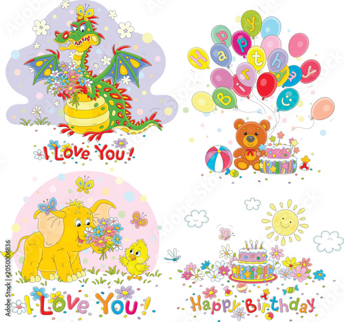 Greeting cards with a funny dragon, a little elephant, a chick, a teddy bear and a smiling sun, a set of vector cartoon illustrations isolated on a white background