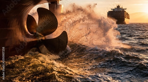 Ship propeller in water with large vessel behind