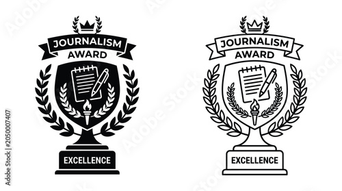 Schilderij op canvas Journalism award silhouette with laurel wreath and writing implements black on w