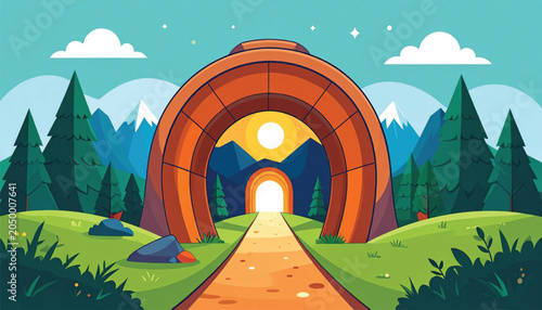 Large orange brick archway with pathway.