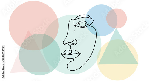 Quadro su tela Abstract Line Art Face Portrait with Geometric Shapes and Pastel Colors