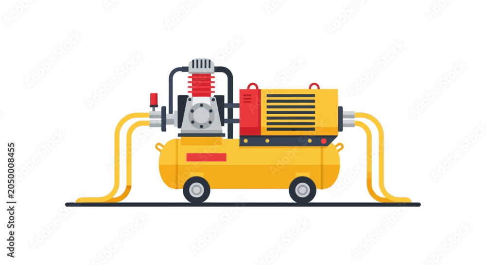 Naklejka premium Industrial Air Compressor Machine Illustration, Portable Pneumatic Pressure Tank with Hoses, Flat Vector Design for Construction and Garage Equipment