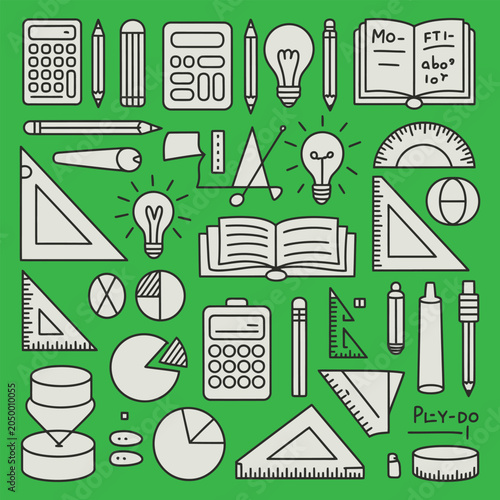 School Stationery And Mathematics Tools Doodle Icon Set With Calculator Ruler Protractor Books And Pencils Vector Design