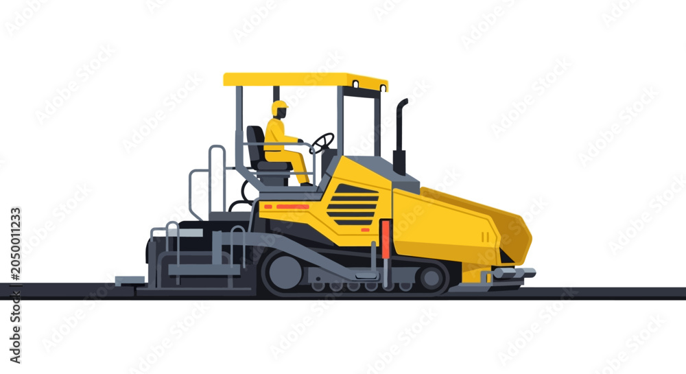 Fototapeta premium Yellow Asphalt Paver Machine with Operator Vector Illustration for Road Construction and Infrastructure Development