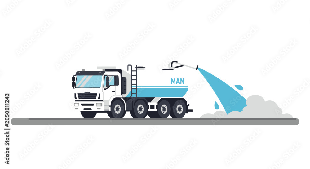 Obraz premium Industrial Water Truck Vector Illustration - MAN Street Flusher and Dust Suppression Tanker Vehicle Spraying Water on Road