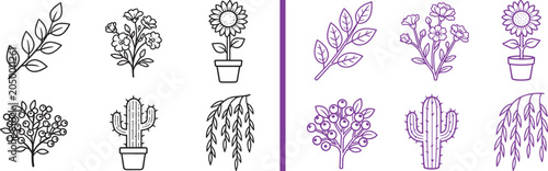 Minimalist botanical line art icons featuring sunflower cactus leaves and flowers for nature branding and decorative design vector set