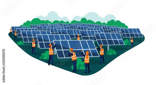 Flat Design Vector Illustration of a Solar Energy Farm with Technicians Installing Photovoltaic Panels for Sustainable Power
