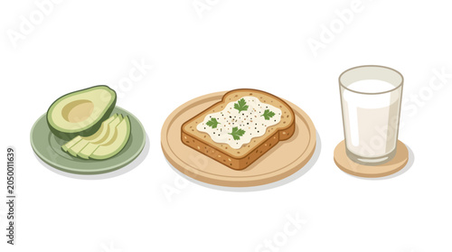 Avocado Toast and Milk Breakfast Clipart Set
