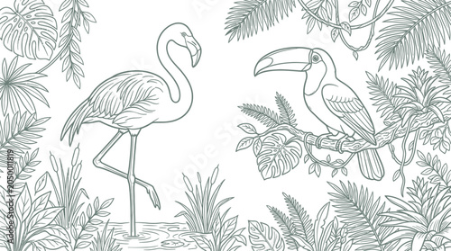 Photography Tropical Flamingo and Toucan Line Art Illustration