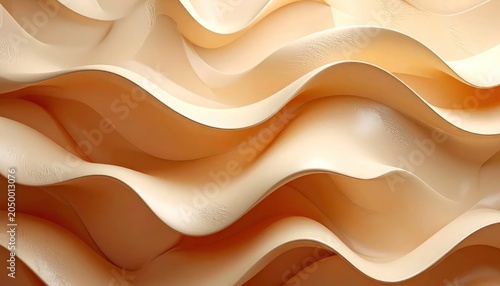 Abstract 3D flowing beige wave pattern background.