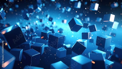 Abstract 3D glowing blue cubes floating in space.