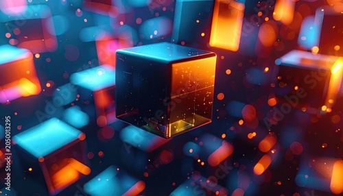 Abstract 3D glowing cubes representing blockchain data technology.