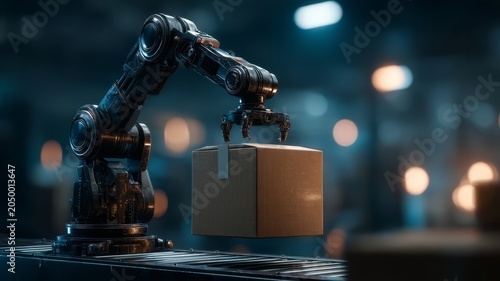 Industrial robot lifts wooden block with precision