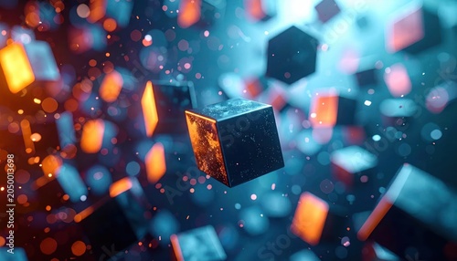 Abstract background of blue and orange glowing 3D cubes.